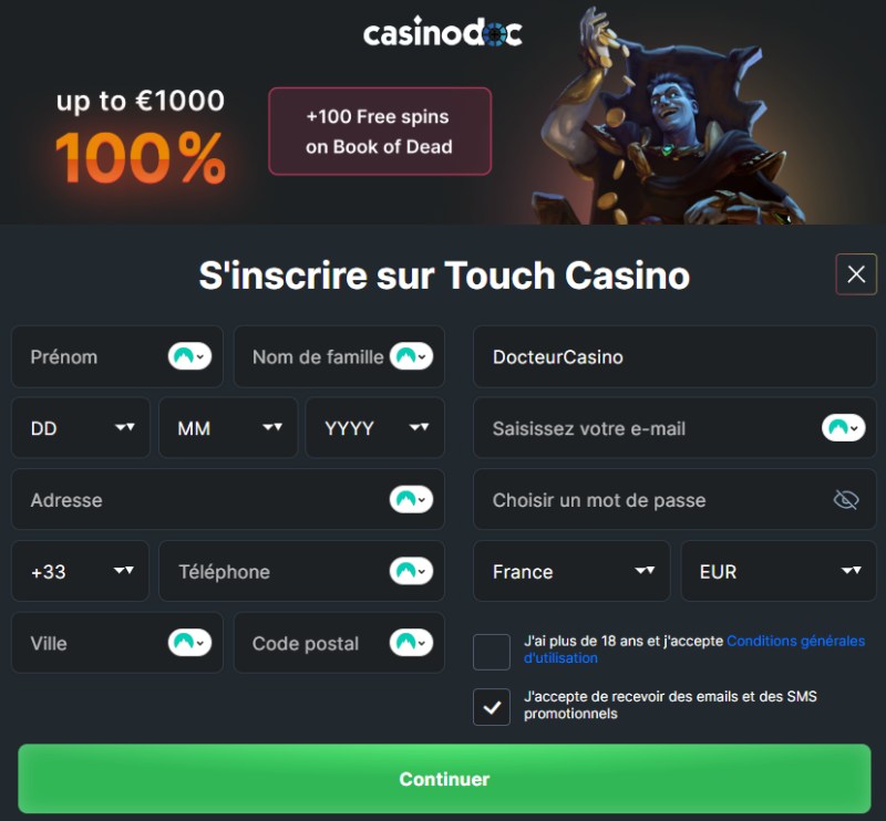 Inscription étape 3 sur Touch Casino