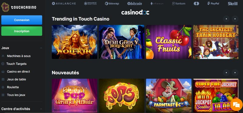 Jeux de casino sur Touch Casino