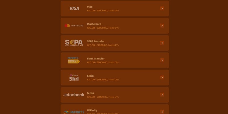 Capture d'écran de la page des retraits sur Tiki Casino