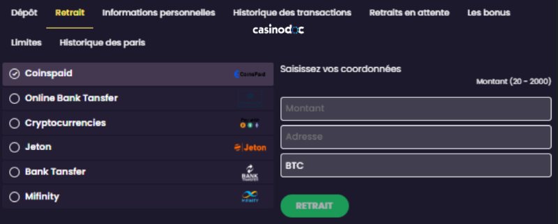 Faire un retrait sur Touch Casino