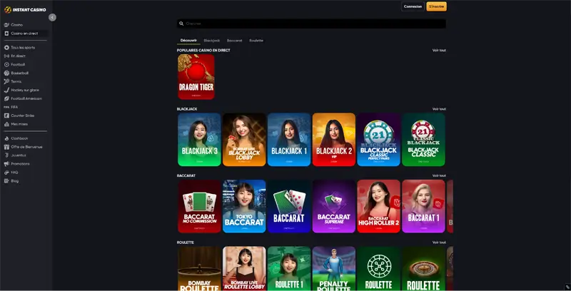 instant casino jeux live