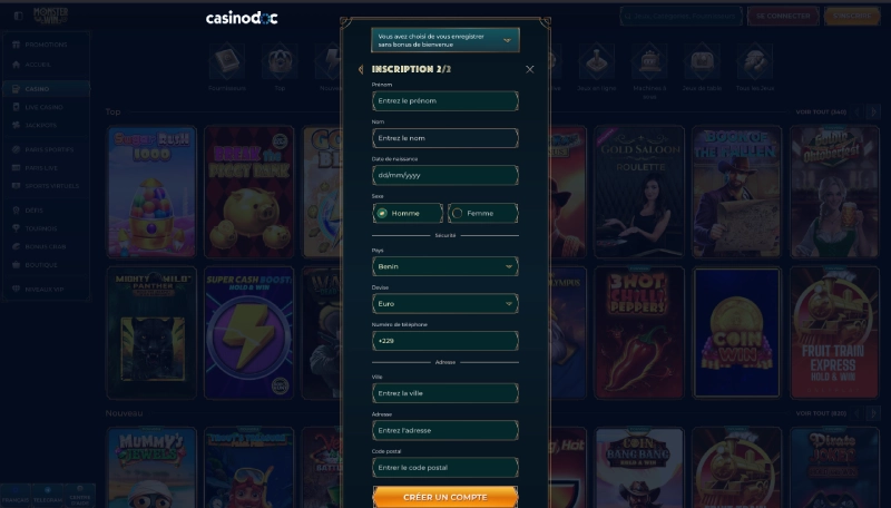 Inscription sur Monsterwin Casino etape 4