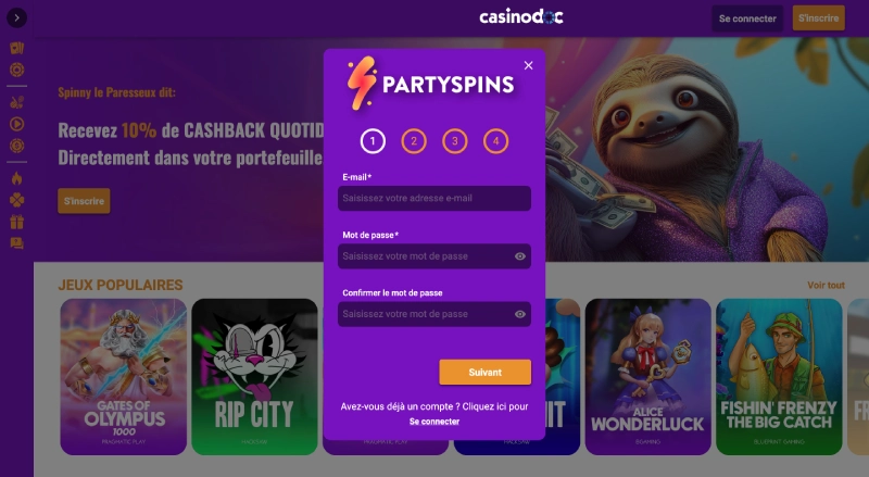 Inscription sur PartySpins etape 2