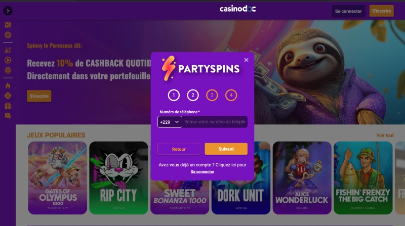 Inscription sur PartySpins etape 3