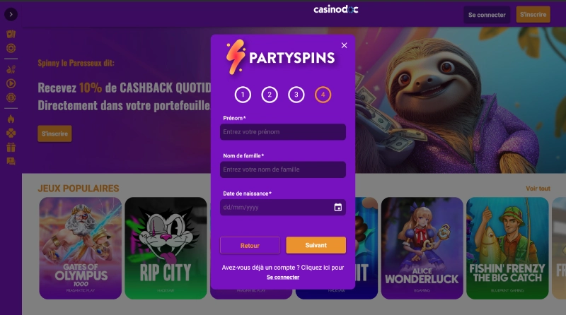 Inscription sur PartySpins etape 4