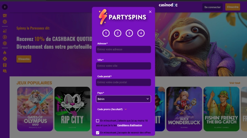 Inscription sur PartySpins etape 5