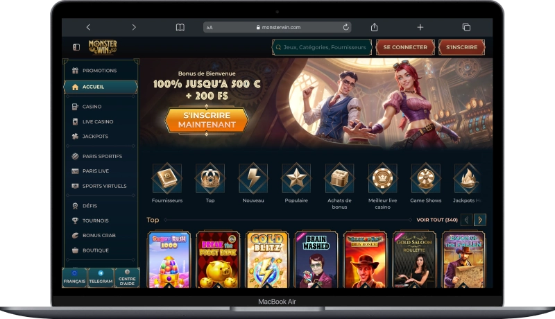 Interface Monsterwin Casino version ordinateur Macbook-Air