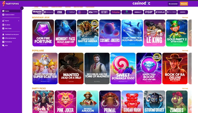 Jeux casino sur PartySpins Casino