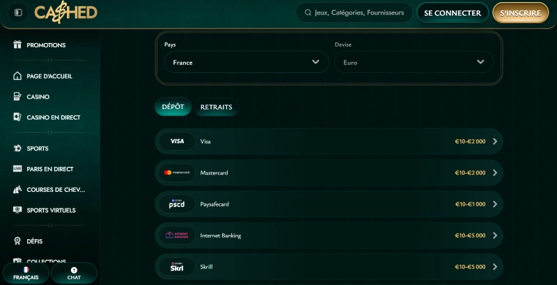 Cashed : Casino acceptant paysafecard