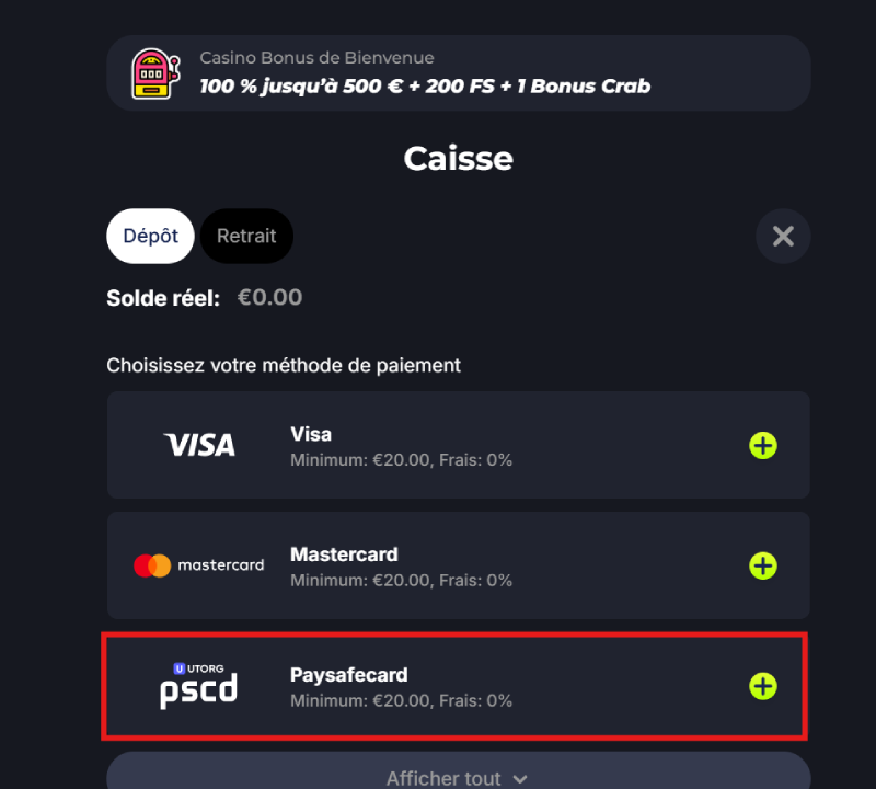Processus de dépôt avec Paysafecard sur un casino en ligne etape3