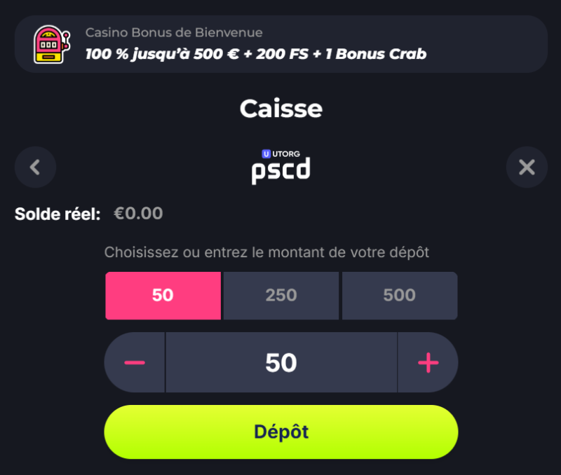 Processus de dépôt avec Paysafecard sur un casino en ligne etape4