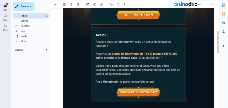 Validation inscription sur Monsterwin Casino