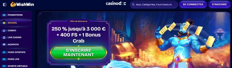 page d'accueil Wishwin Casino