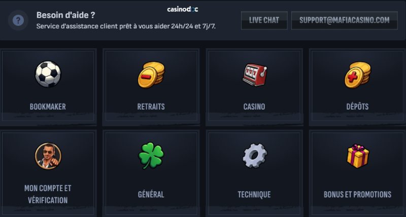 Page d'aide sur MafiaCasino