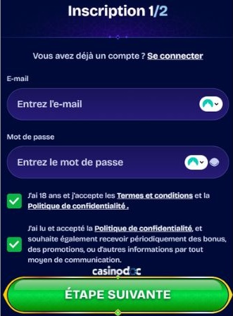 inscription sur wishwin casino étape 3