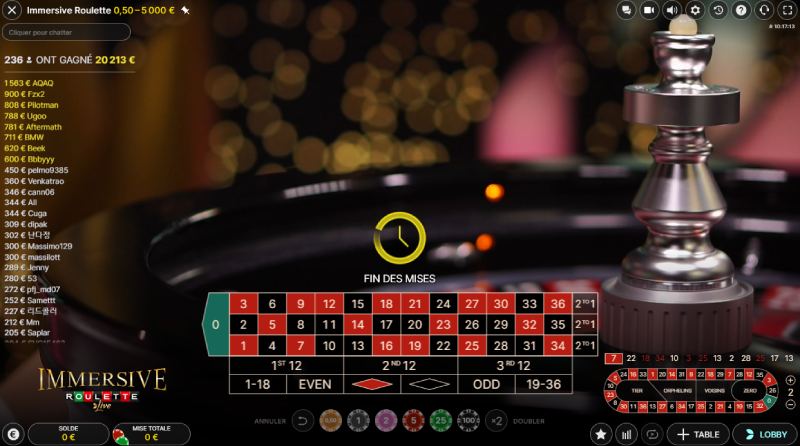 Capture d'écran des mises sur Immersive Roulette