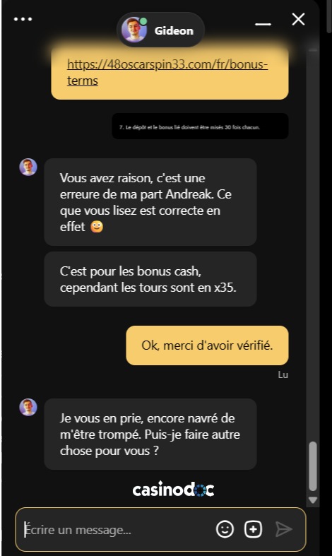 Capture d'écran du service client sur OscarSpin