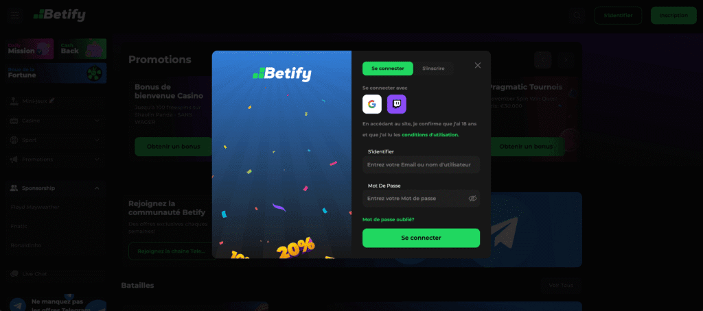 inscription sur betify