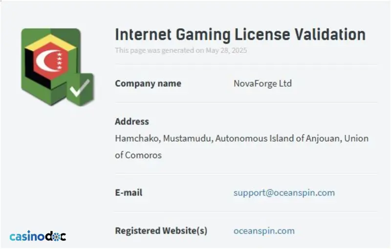 licence ocean spin casino