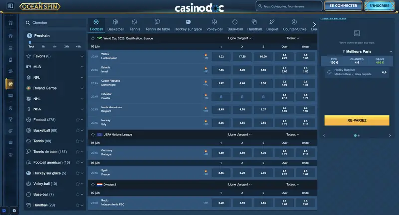 paris sportifs ocean spin casino