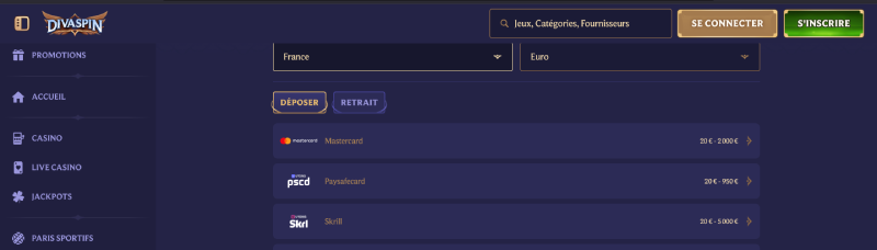 Paysafe sur divaspin casino