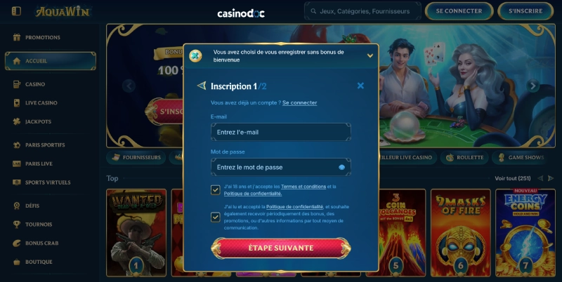 Inscription sur AquaWin Casino étape 4