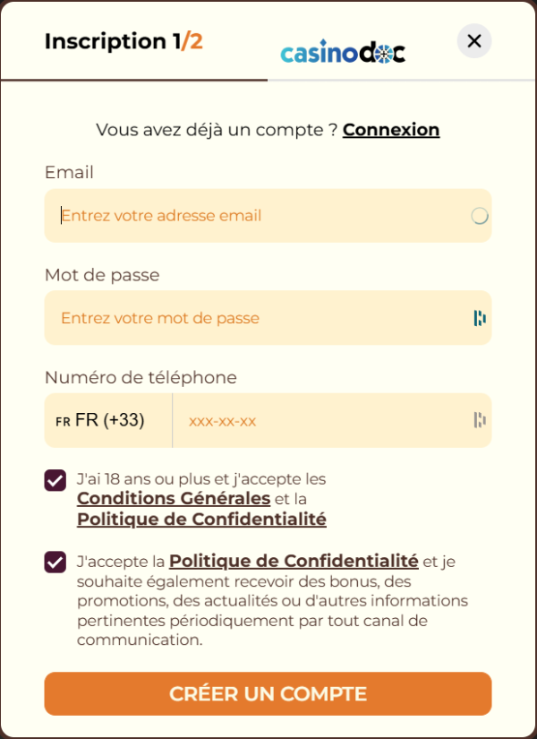 Inscription sur CaptainSlots Casino étape 3