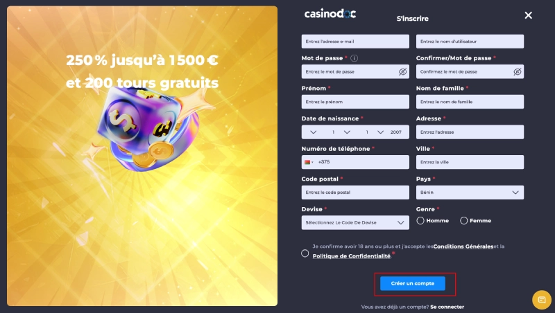 Inscription sur Winning Casino étape 2
