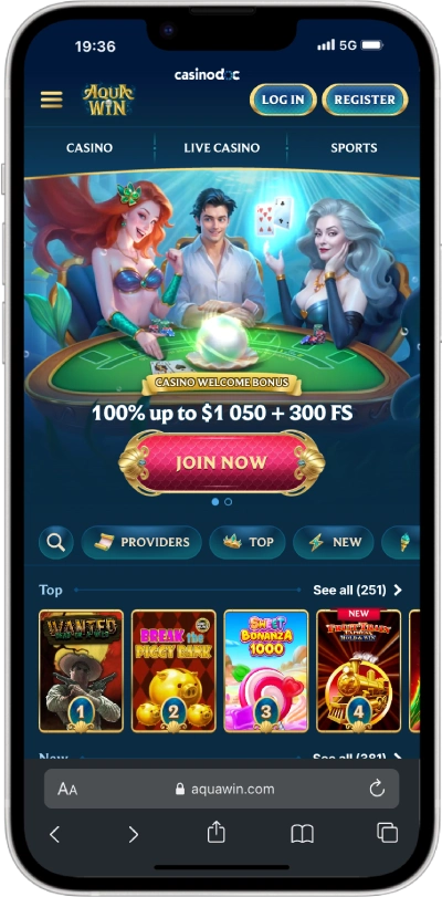 Interface de AquaWin Casino version mobile iPhone 14 Plus