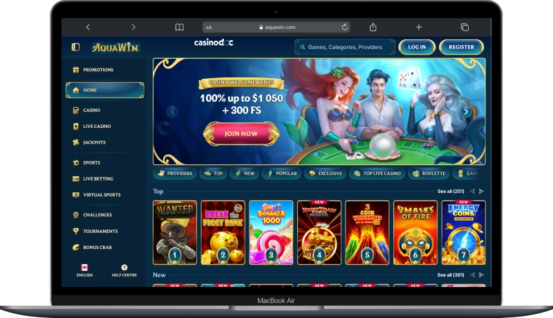 Interface de AquaWin Casino version ordinateur Air