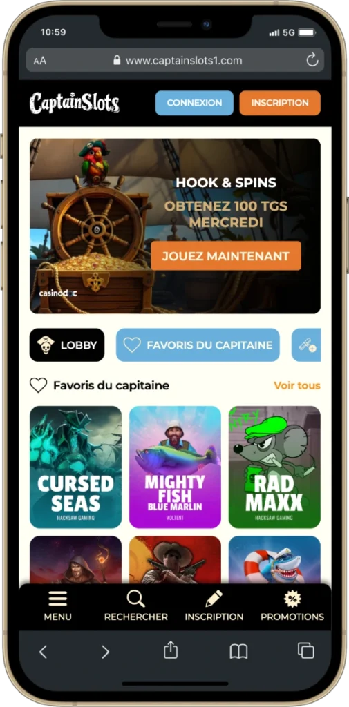 Interface de CaptainSlots Casino version mobile