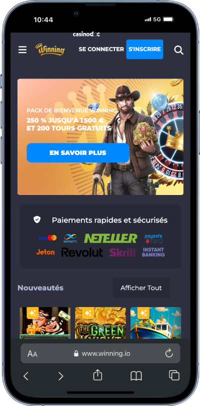 Interface de Winning Casino version mobile