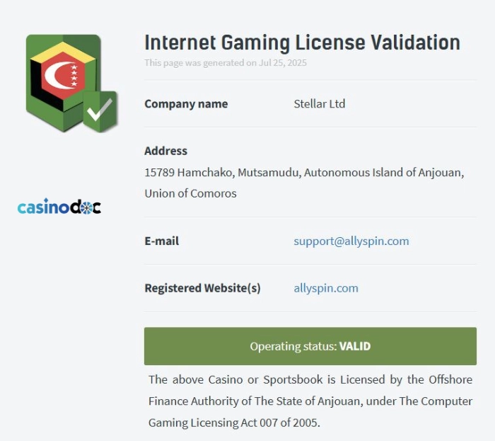 Licence Anjouan de Allyspin Casino