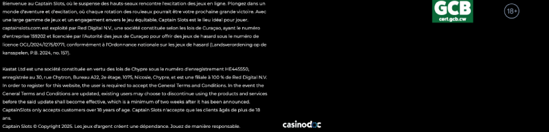 Licence de CaptainSlots Casino