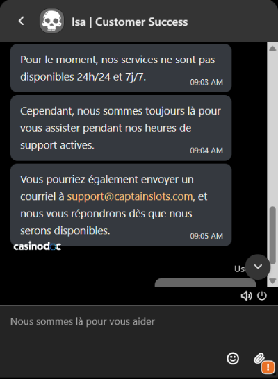 Live chat avec le support client de CaptainSlots Casino