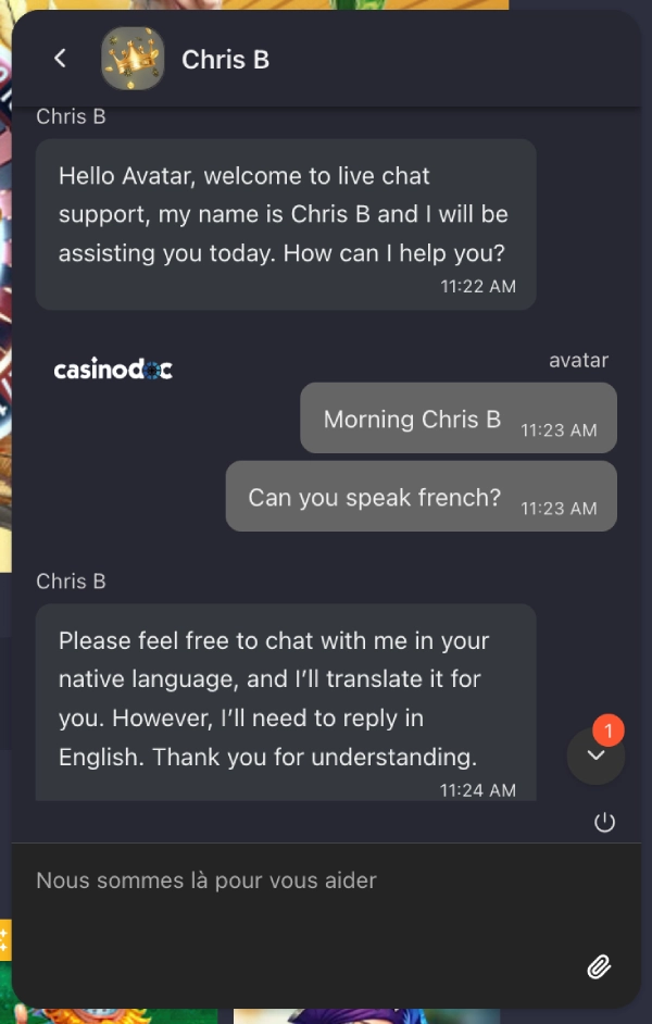 Live chat avec le support client de Winning Casino