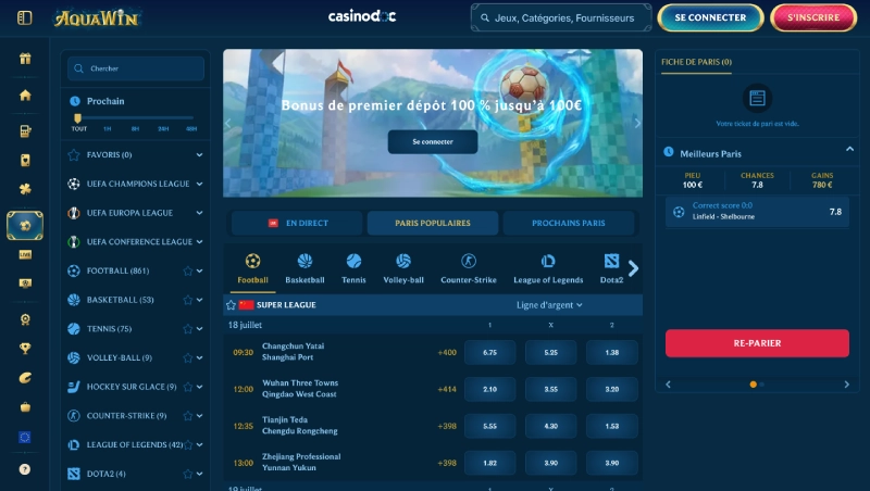 Paris sportifs sur AquaWin Casino