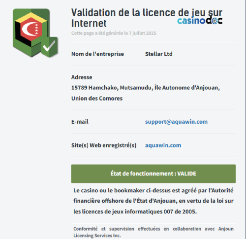 Validation de la licence de AquaWin Casino