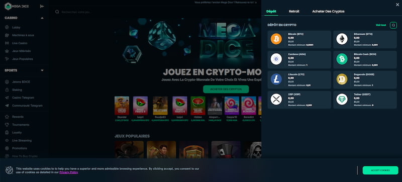 dépôt sur mega dice casino