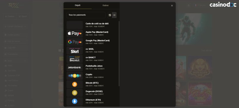 Méthodes de dépôt sur RX Casino