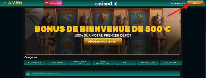 Capture d'écran inscription Amon Casino