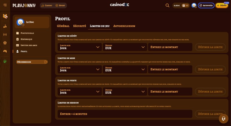 Capture d'écran section jeu responsable PlayJonny