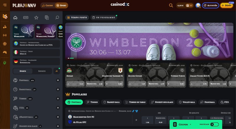 Capture d'écran de la section sportive sur PlayJonny