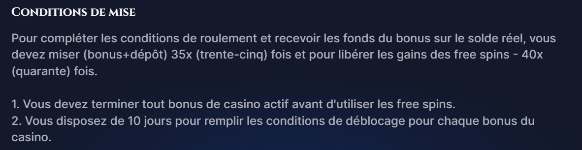 Capture d'écran des conditions de mise d'un bonus du casino en ligne Divaspin