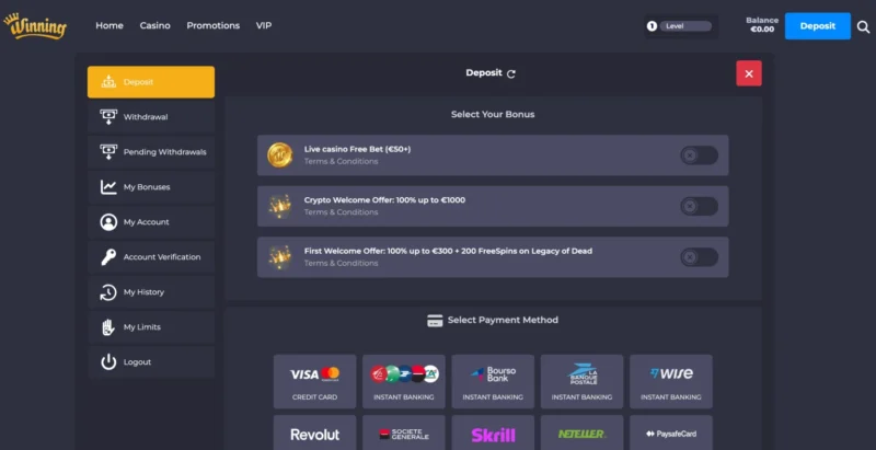 Écran de dépôt sur le casino en ligne Winning.io