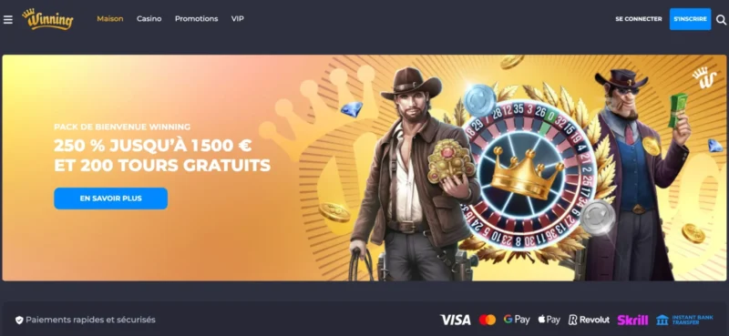 Écran d'accueil du casino en ligne Winning.io