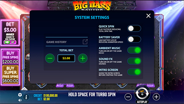 Fonctions disponibles sur big bass bonus round