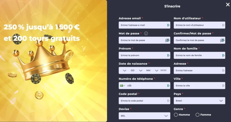Le formulaire d'inscription à la plateforme de jeux en ligne : Winning.io