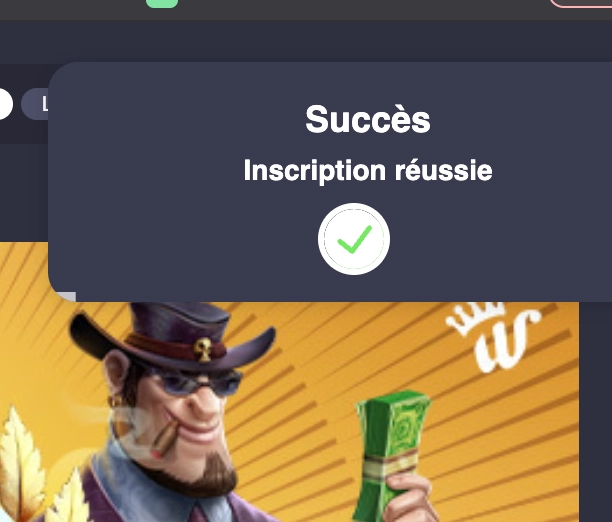 Notification "Inscription réussie" sur Winning.io