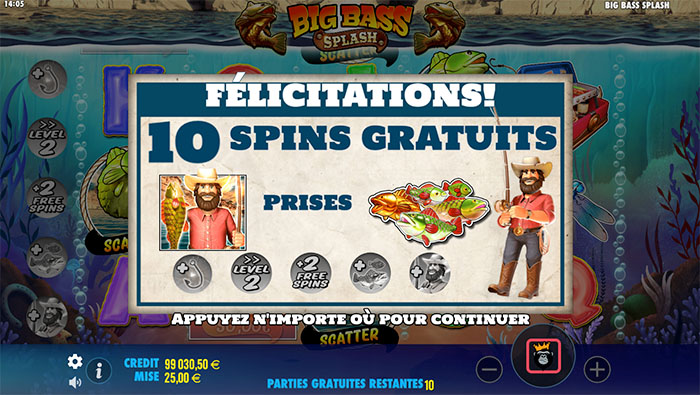 sélection de modificateurs sur big bass splash